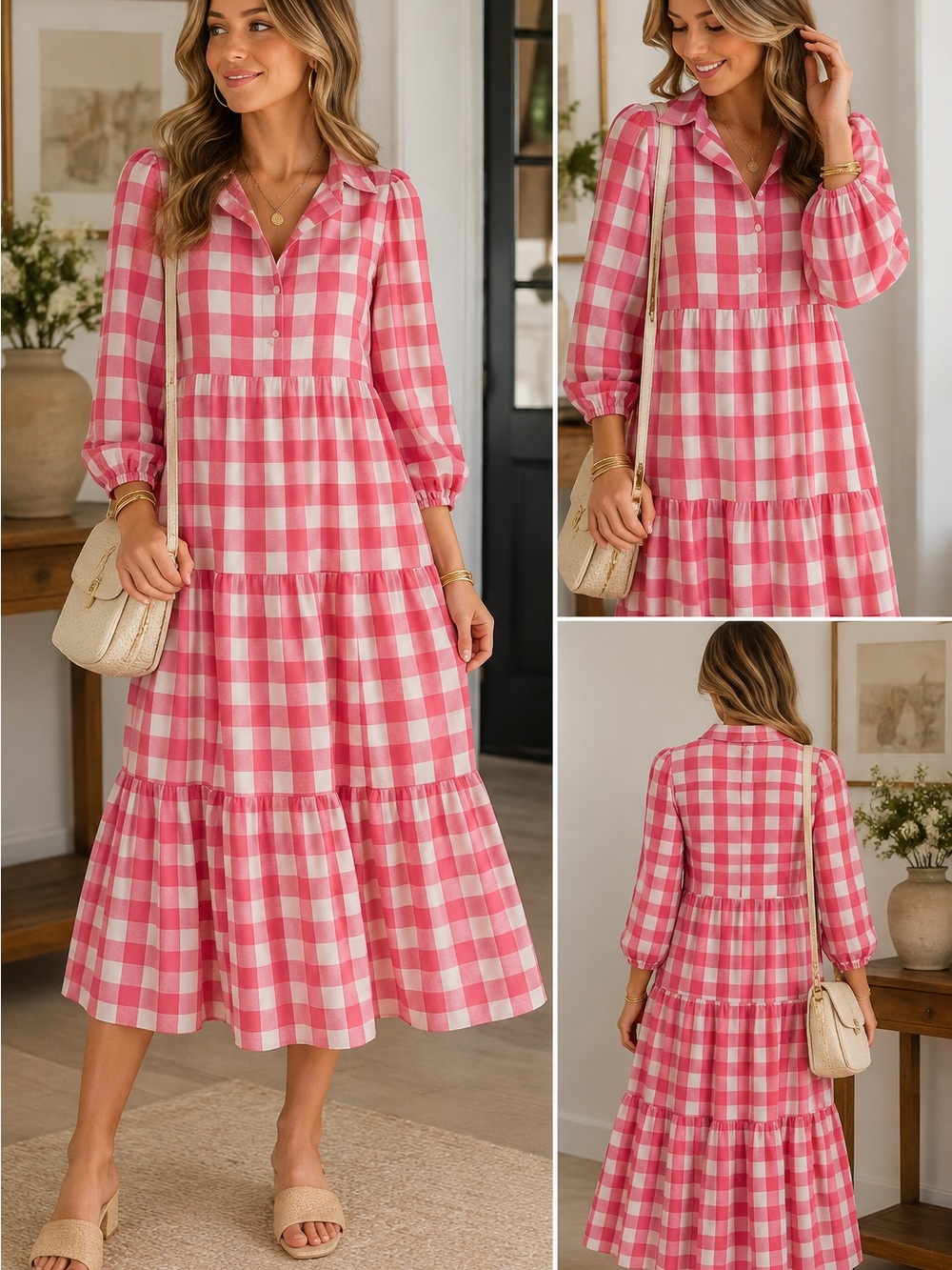 Size Large Women’s Pink Gingham Checked Tiered Midi Dress